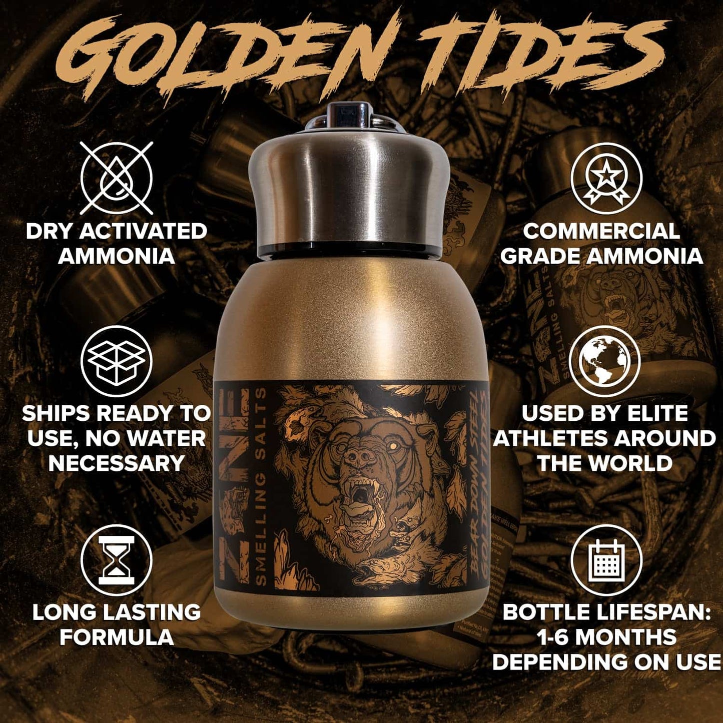 sales de amoniaco marca zone golden tides dorada en frasco metalico, sales para levantadores de pesas