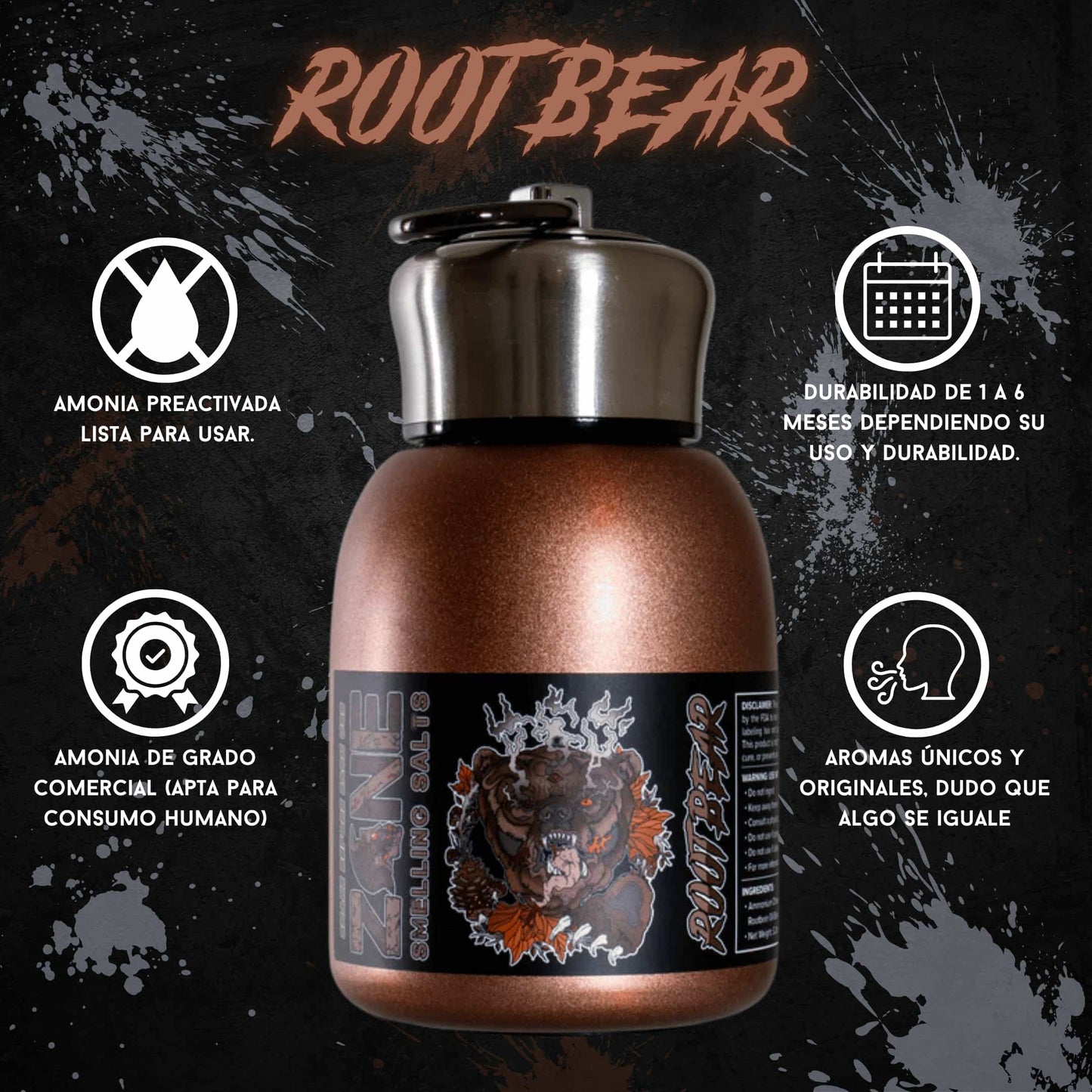 ZONE Rootbear: sales de amonio aromáticas para activar sistema nervioso. Amoniaco intenso con aroma root beer. Enfócate antes de tu PR o entrenamiento.